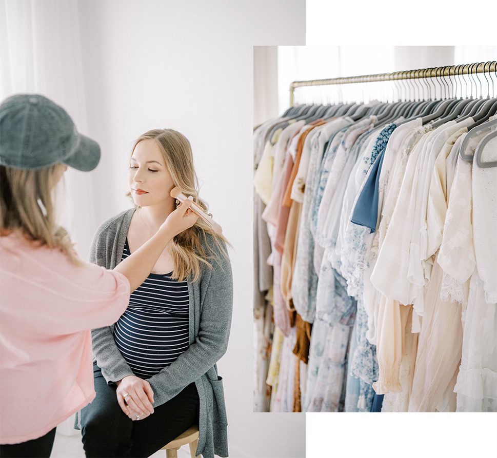 pregnant mom getting professional hair and makeup done in memphis studio